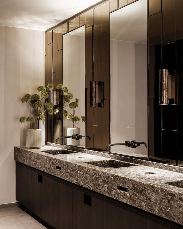 Dark framed mirror cabinet panels over a long commercial vanity