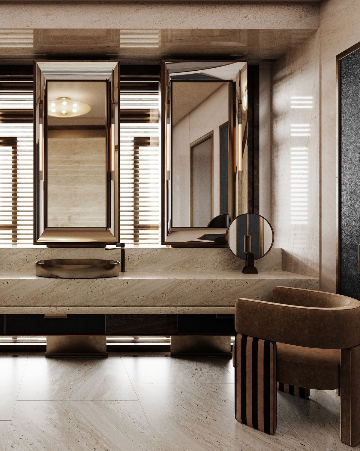 Illuminated freestanding mirror cabinets above a commercial vanity