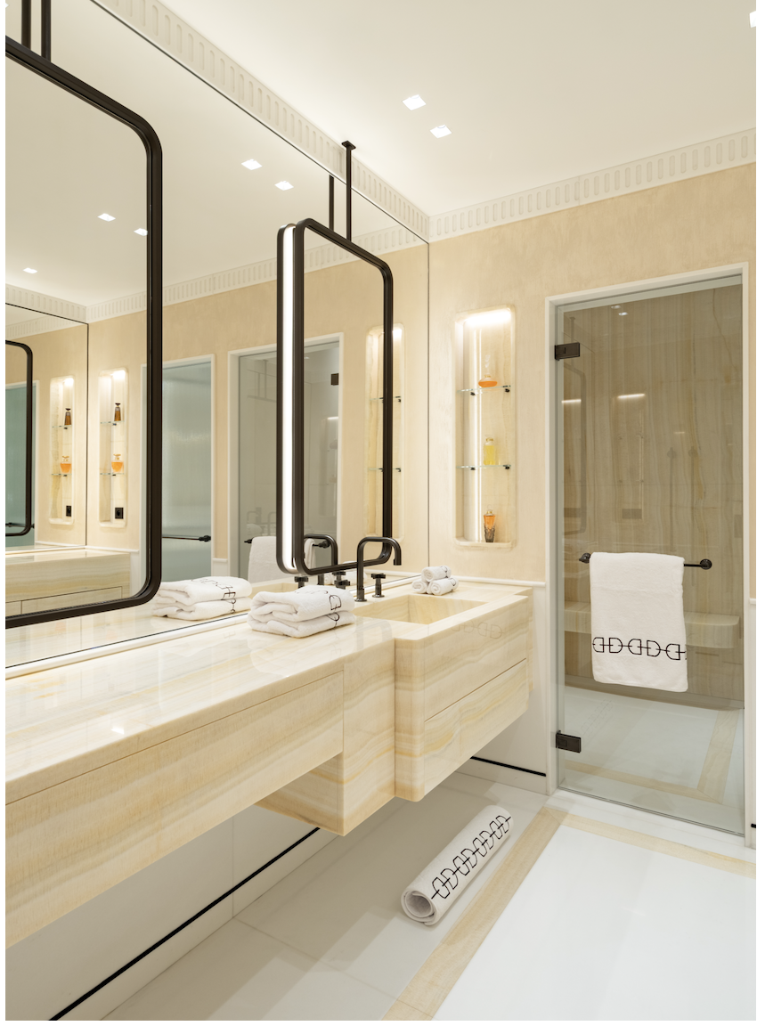 Dark framed mirror cabinet panels for a luxury vanity area