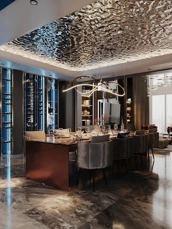 Recessed water ripple ceiling above dining table, left view
