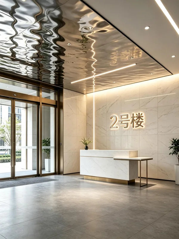 Residential building lobby with mirrored water ripple ceiling panels