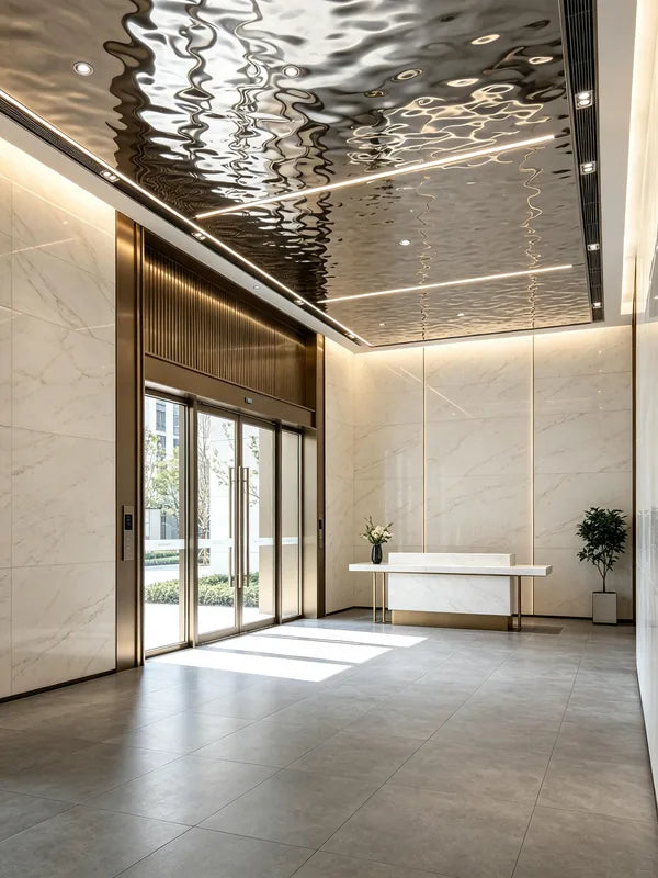 Residential entry lobby water ripple ceiling with linear light