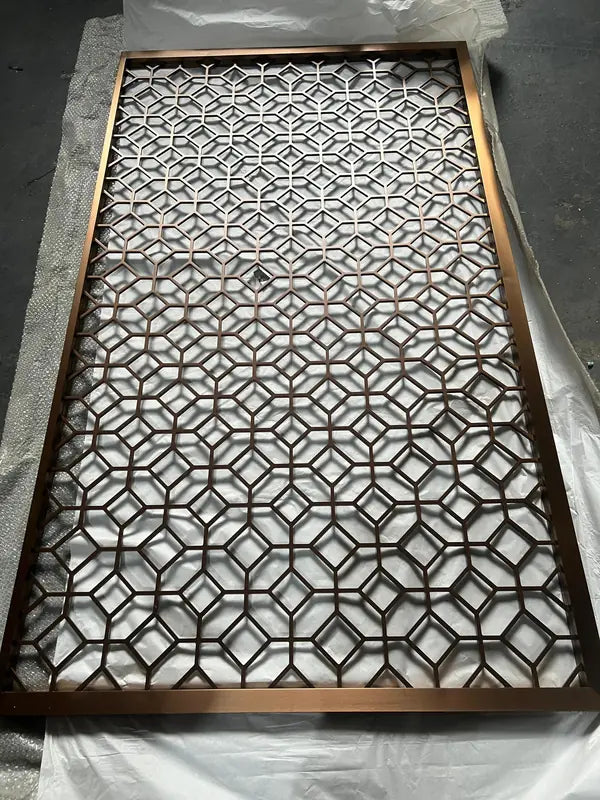 Angled view of Bronze Mixed Pattern Art Deco stainless steel Screen