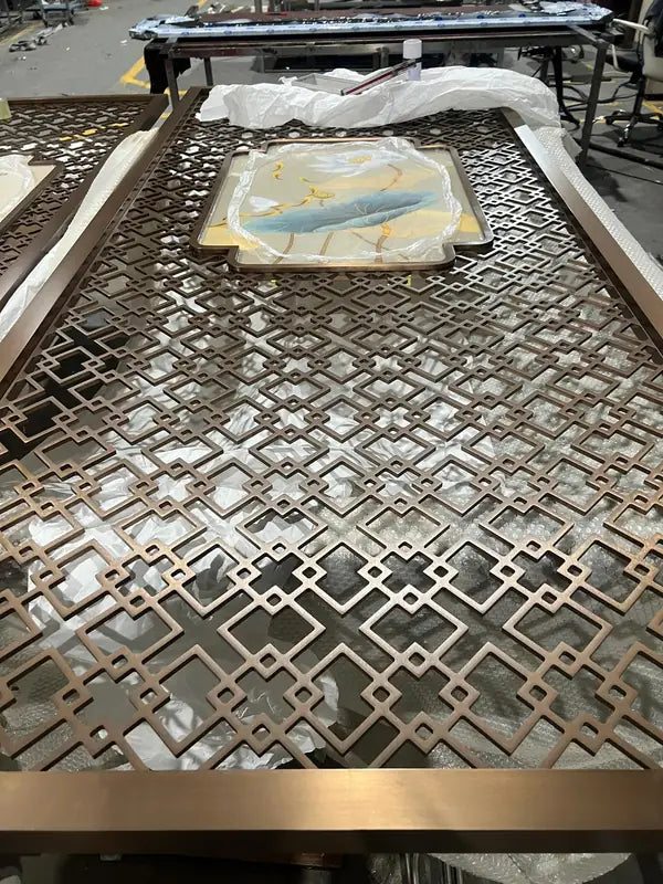Close detail of Bronze Mixed Pattern Art Deco stainless steel Screen