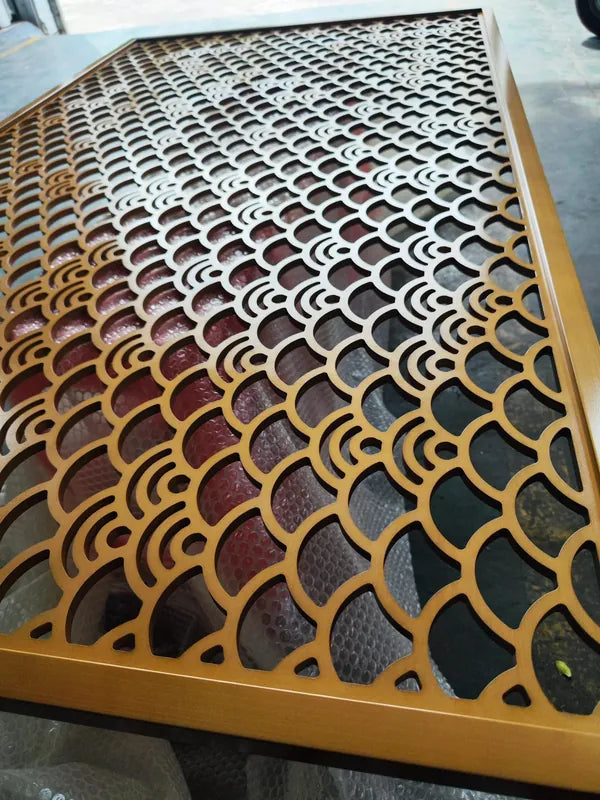 Angled view of Bronze Seigaiha Wave stainless steel Screen