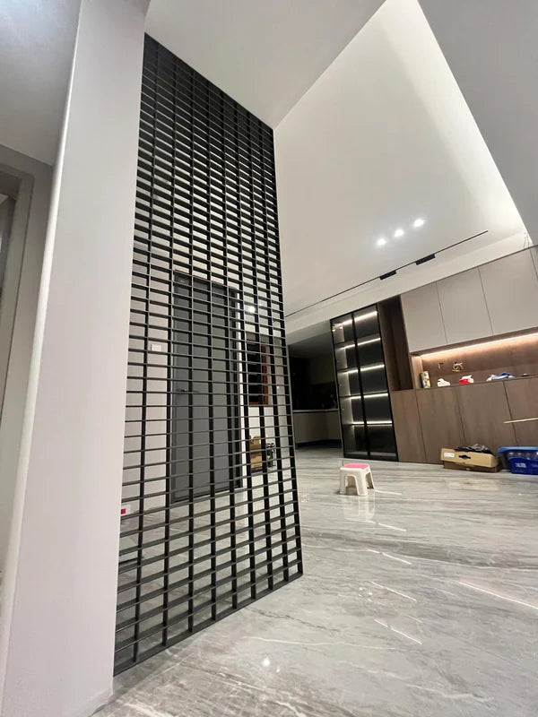 Overall view of Black Grid stainless steel Room Divider