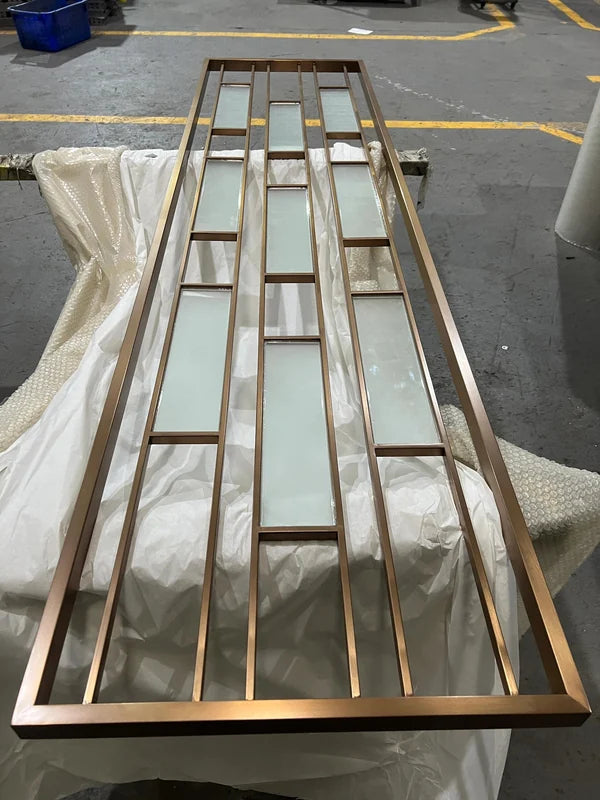 Framed panel view of Bronze Linear Slat stainless steel Screen Panel