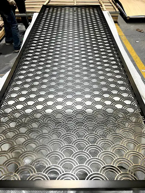 Framed panel view of Black Seigaiha Perforated stainless steel Screen
