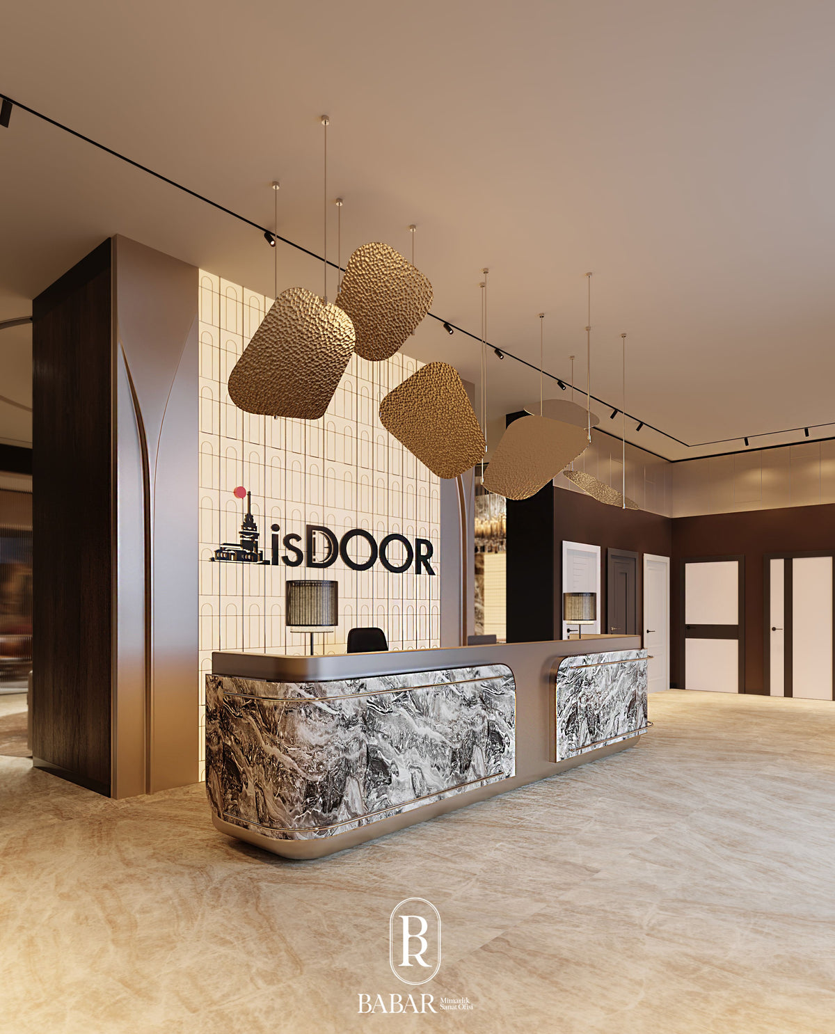 Linear warm-bronze stainless steel hotel reception desk for multi-position check-in areas