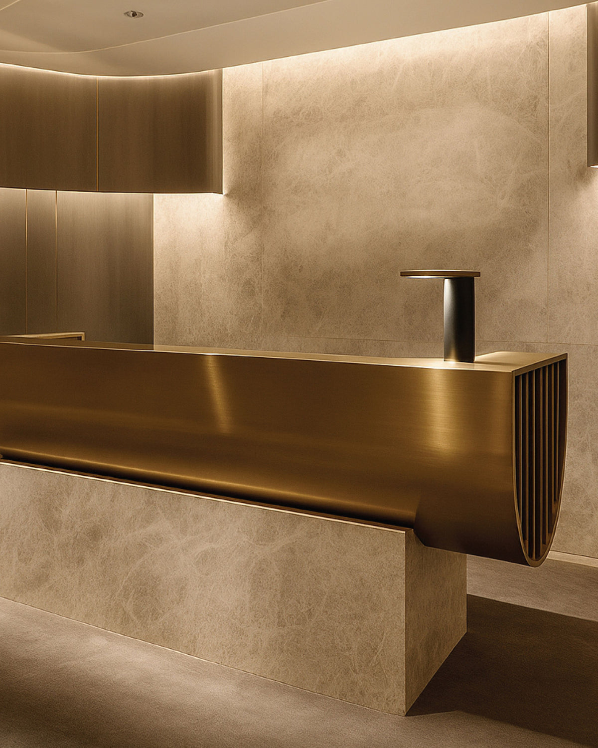 Linear warm-bronze stainless steel hotel reception desk for multi-position check-in areas