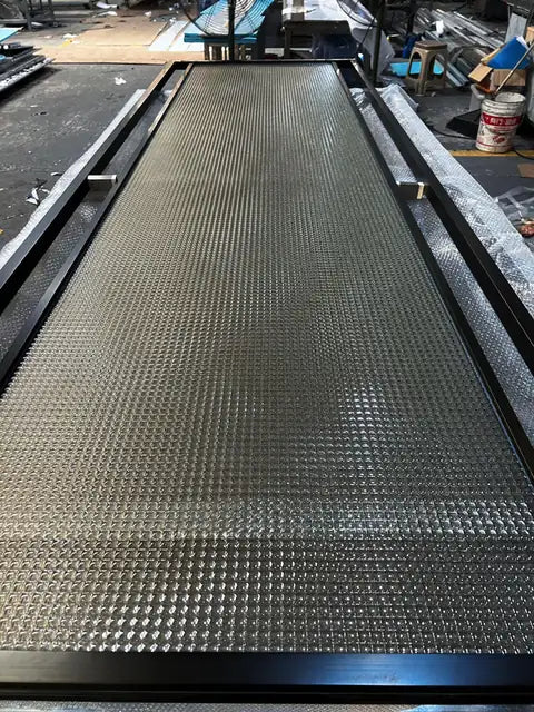 Framed panel view of Black Framed Reeded Glass stainless steel Screen