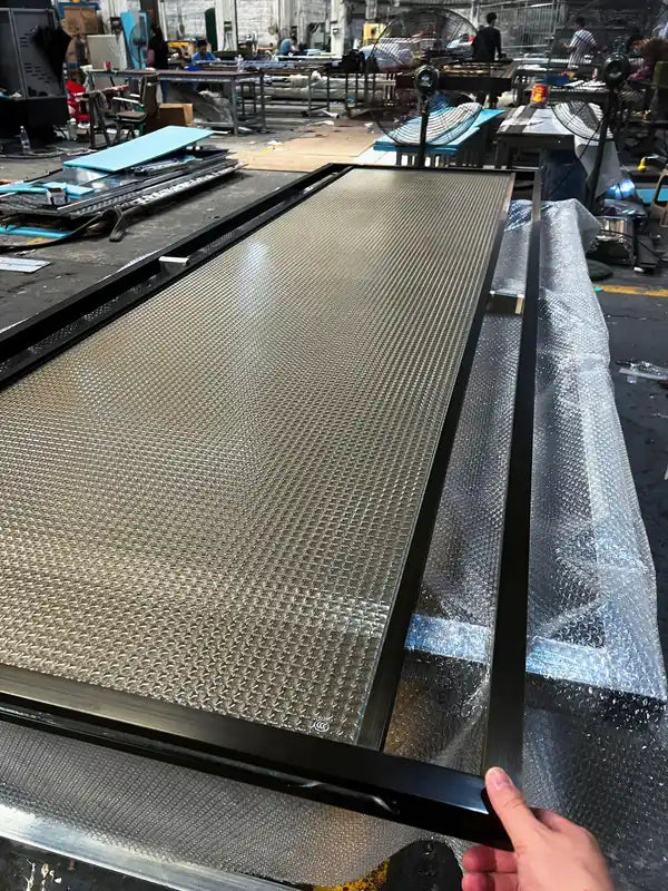 Fabrication detail of Black Framed Reeded Glass stainless steel Screen