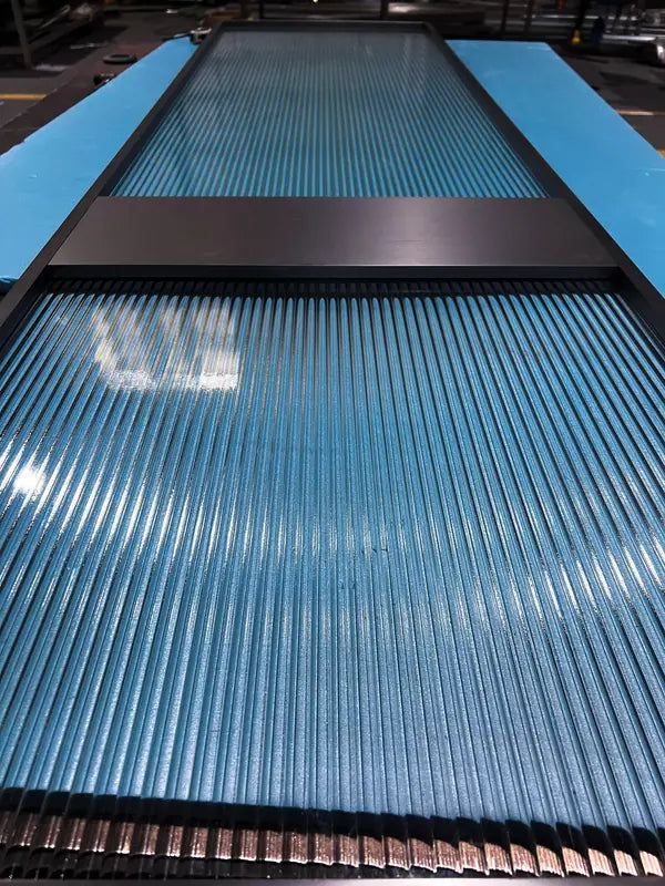 Framed panel view of Black Double Panel Reeded Glass stainless steel Screen