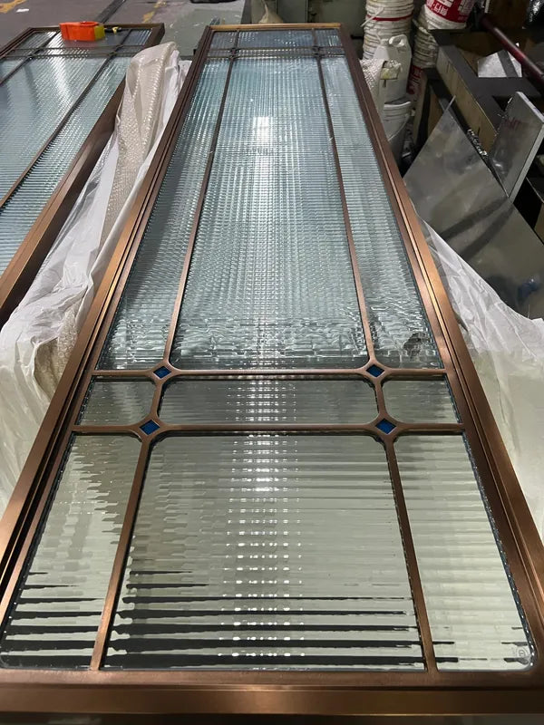 Angled view of Bronze Framed Textured Glass stainless steel Screen