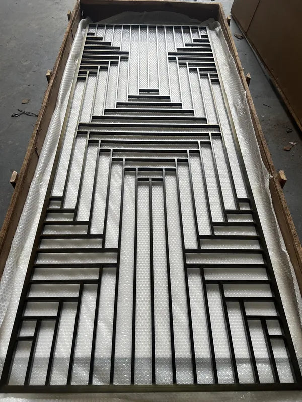 Framed panel view of Black Radial Linear Art Deco stainless steel Screen