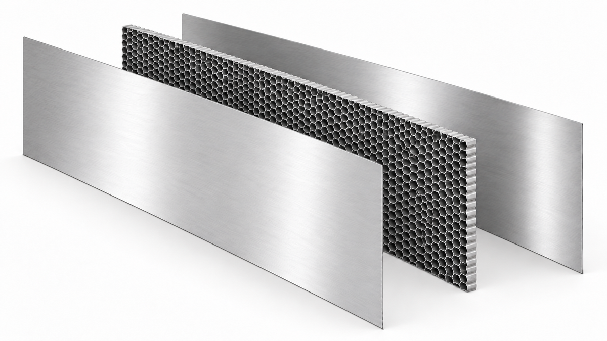 Exploded honeycomb panel showing the stainless steel face, aluminium core and backing sheet