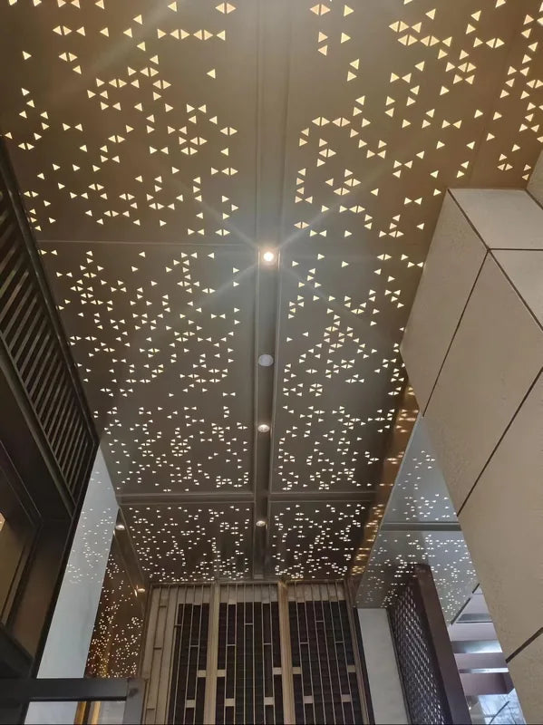 Triangular perforated aluminum ceiling above entrance corridor, view toward doorway