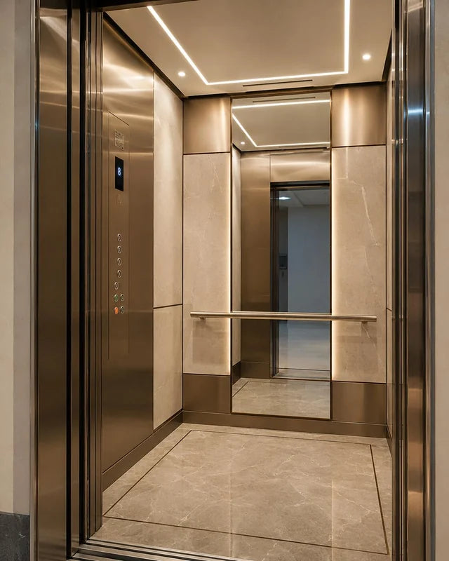 Bronze and stone-look cabin interior from entrance for custom Xinmao Metal elevator design