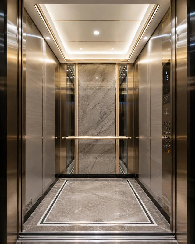 Full elevator cabin with mirror and ceiling lighting for custom Xinmao Metal elevator design