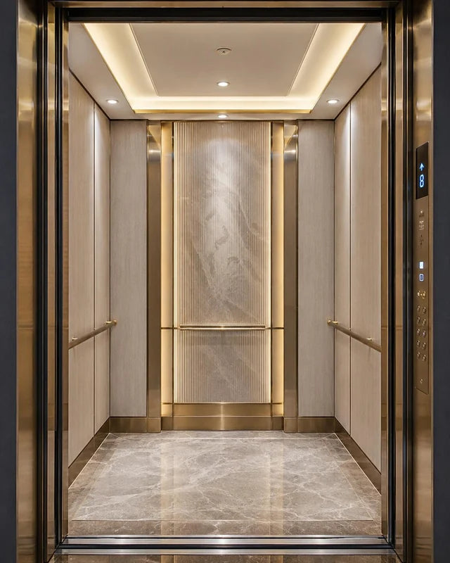 Cabin rear wall with framed stone-look panel for custom Xinmao Metal elevator design