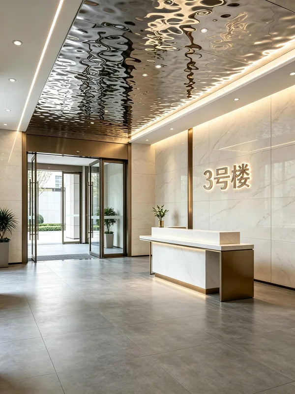 Water ripple ceiling over unit entrance hall and reception area