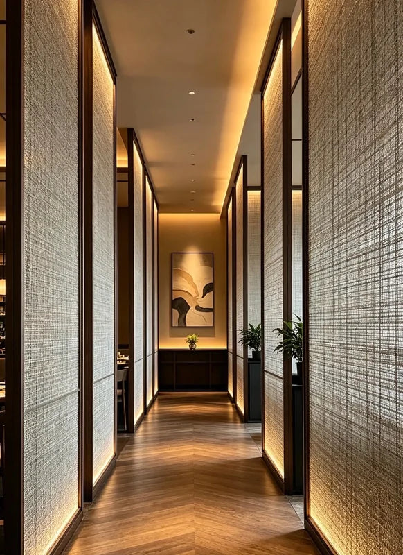 Backlit stainless steel mesh screens along a hotel corridor