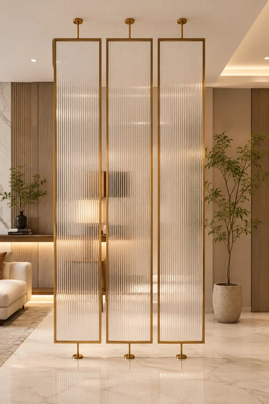 Bronze framed metal screen partition with integrated lighting