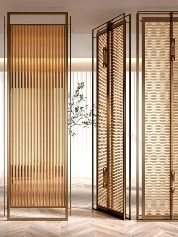 Bronze retro-inspired metal screen divider with linear detail