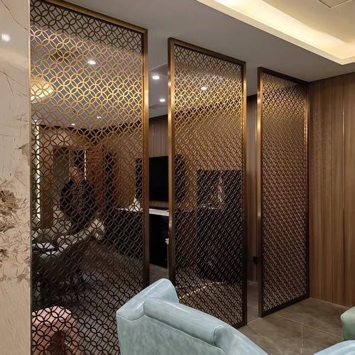 Bronze stainless steel geometric lattice partitions in a lounge interior