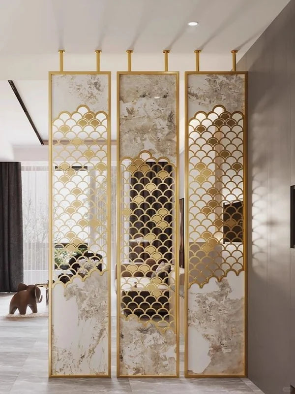 Gold decorative metal screen panels with varied geometric patterns
