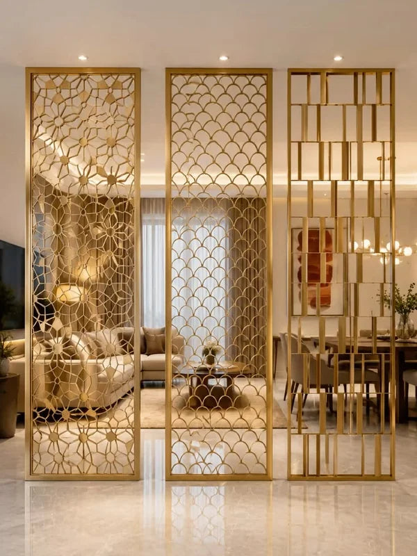 Gold lattice metal screen partition along an interior hallway