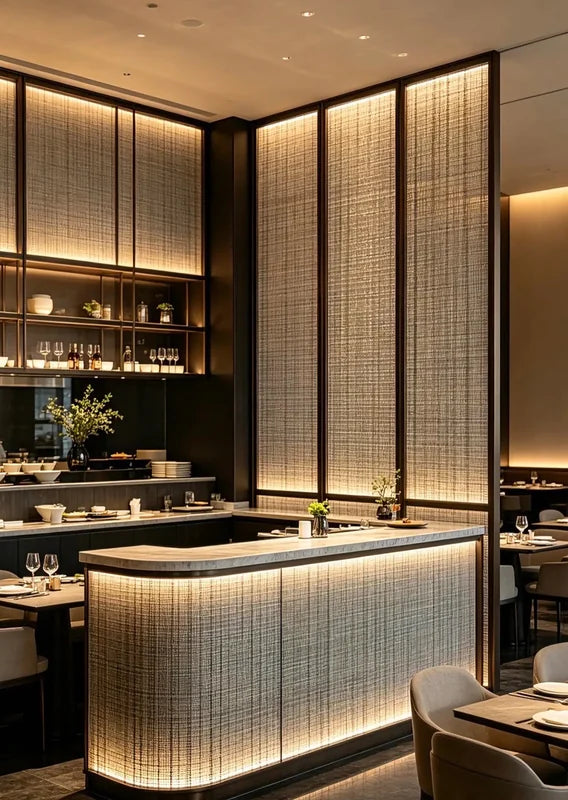 Illuminated stainless steel mesh screen panels around a bar counter