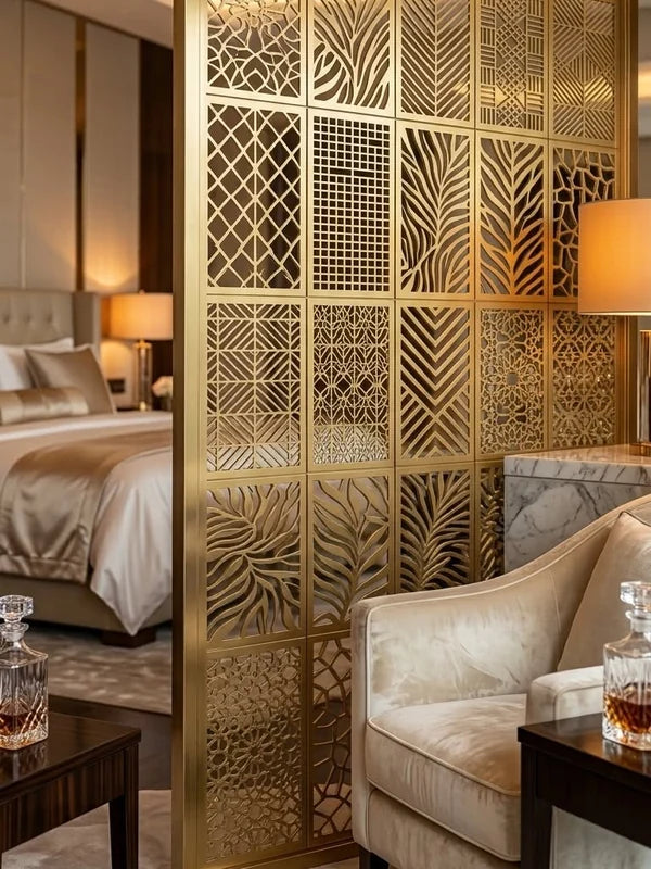 Gold laser cut metal screen divider in a bedroom