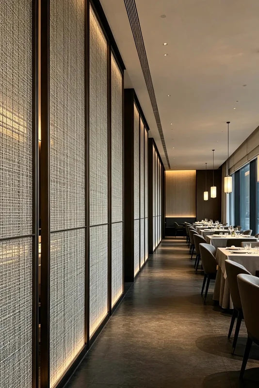 Stainless steel mesh screen wall dividing a restaurant dining area