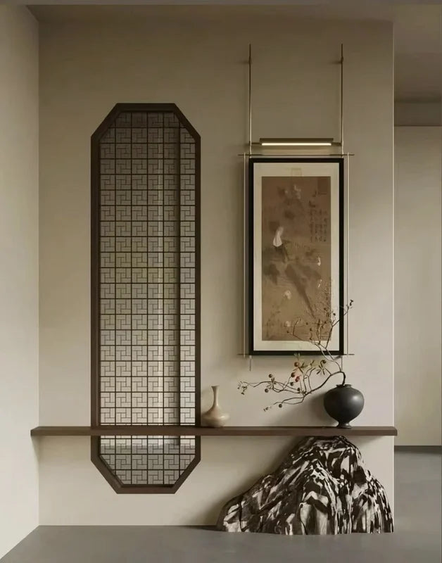 Octagonal stainless steel lattice screen as an interior feature wall