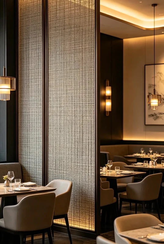 Stainless steel woven mesh partition in a restaurant interior