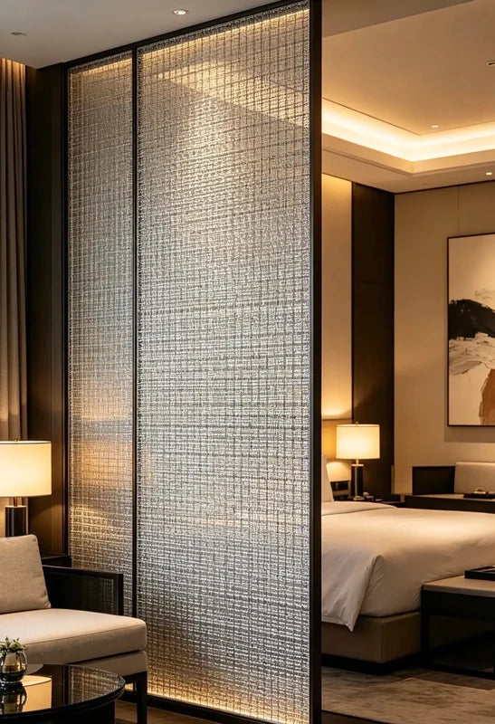 Fine stainless steel woven mesh screen beside a hospitality bedroom