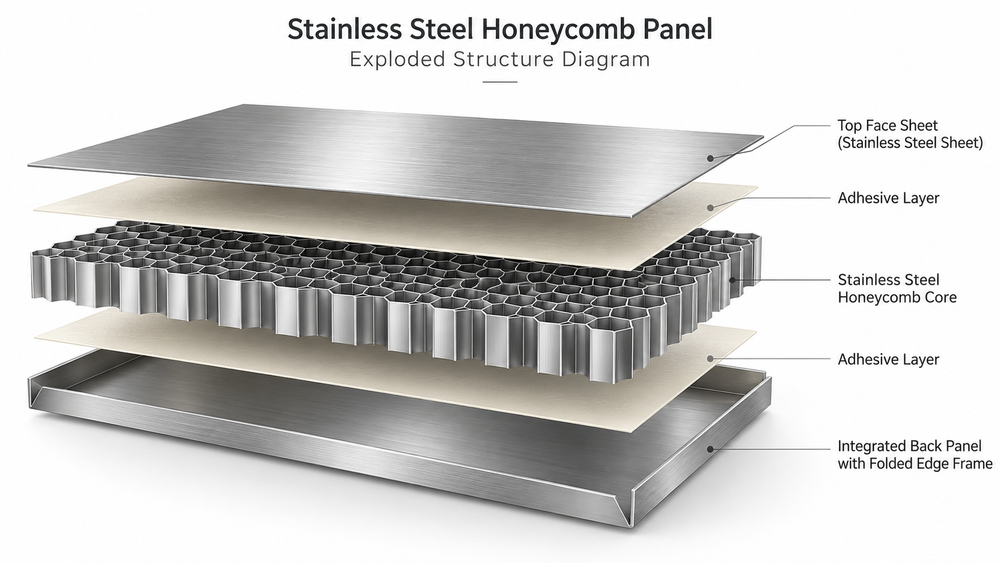Exploded stainless steel honeycomb panel showing face sheet, adhesive layers, stainless steel core and folded rear tray
