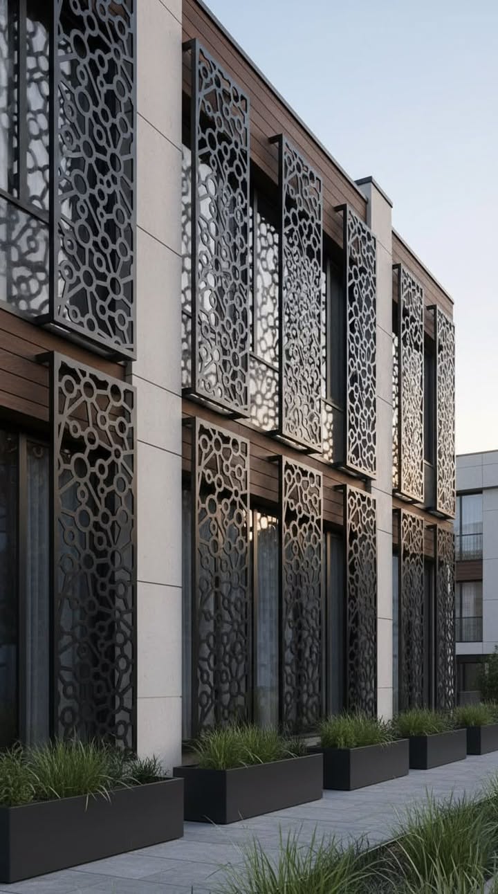 Dark stainless steel screen panels with an organic circular cut-out pattern on a building facade.