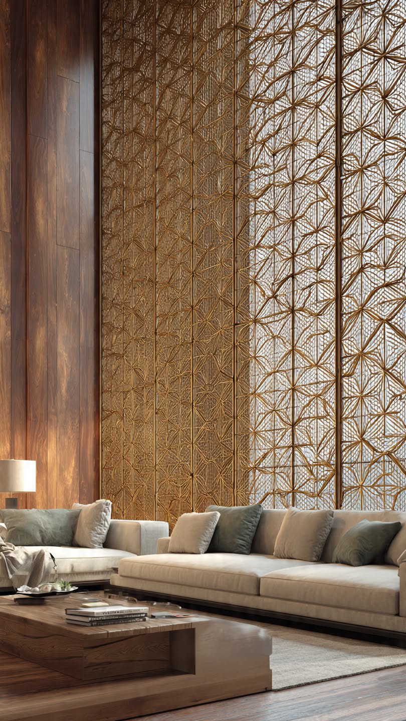 Bronze-toned stainless steel screen with a repeating botanical line pattern behind a living room.