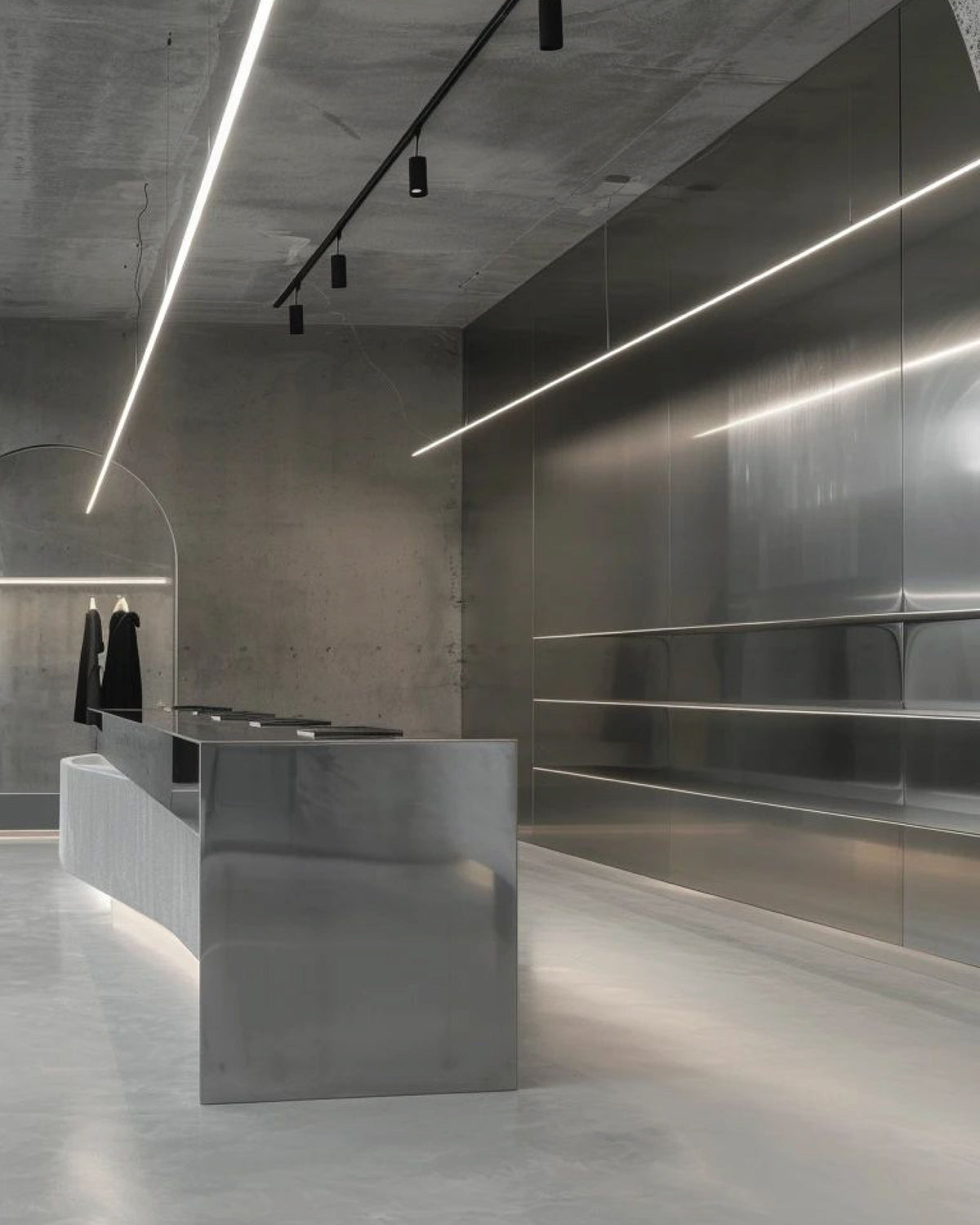 Bronze-toned stainless steel wall cladding with a curved corner in a lobby.