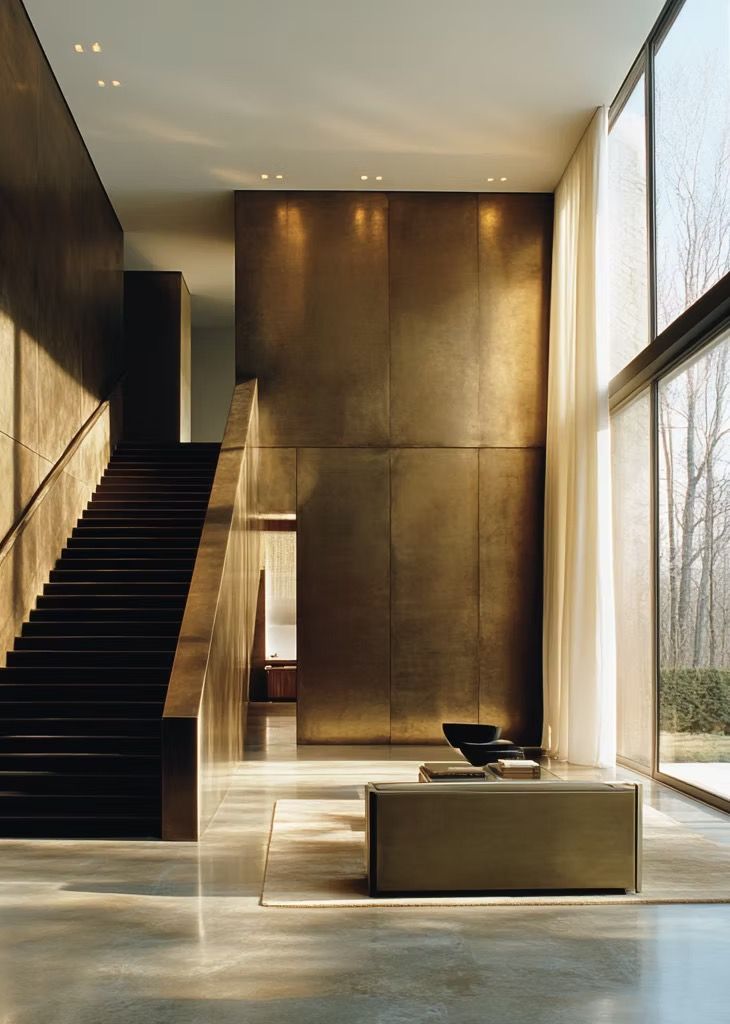 Bronze-toned stainless steel feature wall panels beside a staircase and living area.