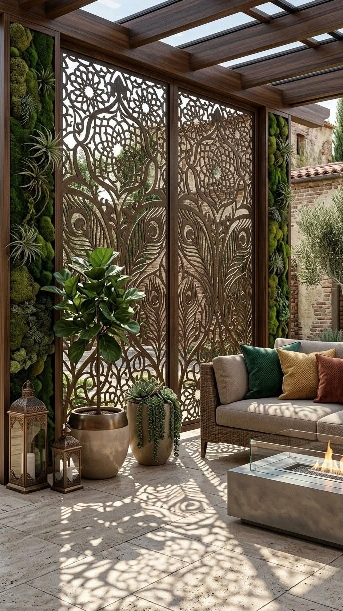 Bronze-toned laser-cut stainless steel screen panels with ornamental floral patterns on a patio.