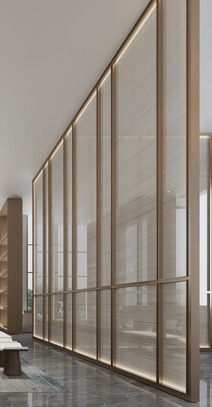 Tall framed stainless steel screen panels with a fine linear mesh pattern in a modern interior.