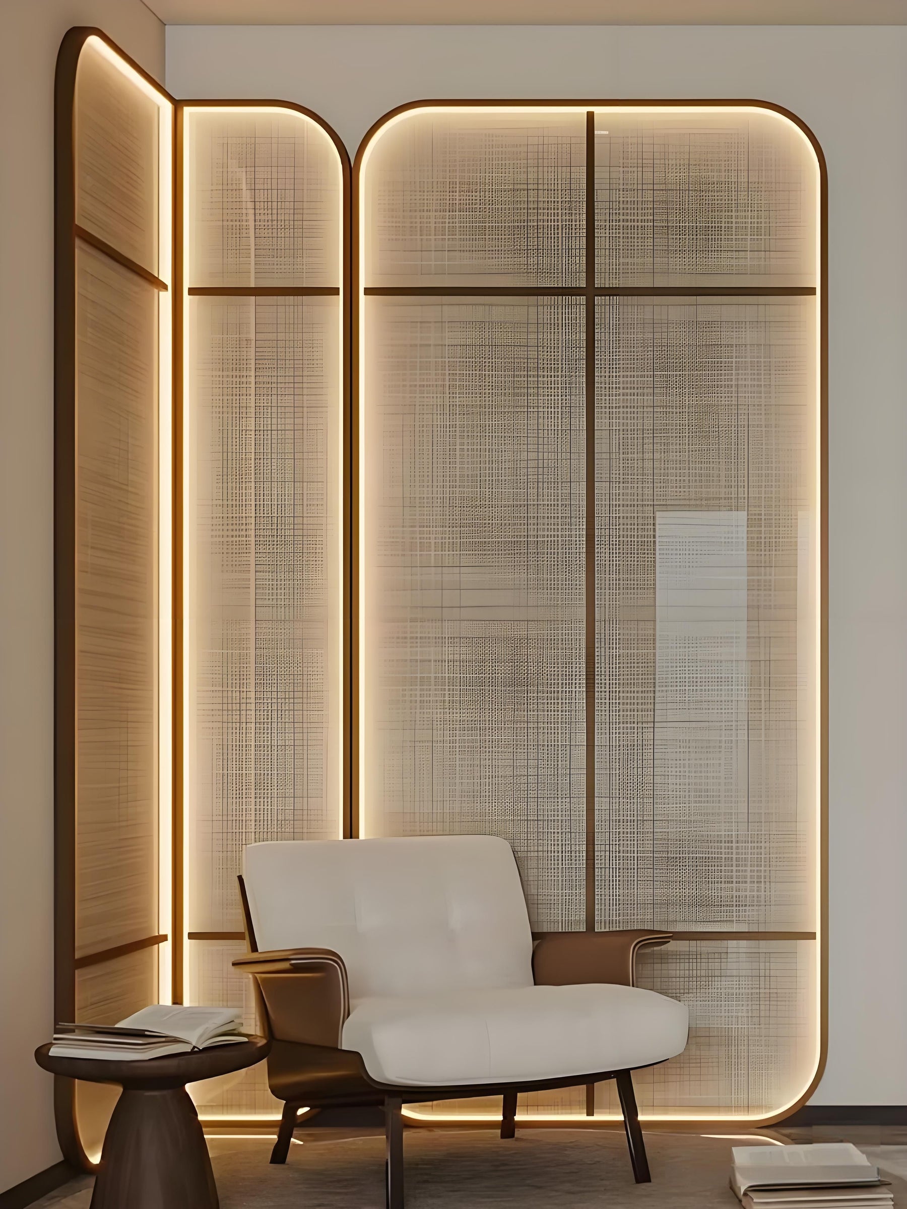 Warm bronze-toned metal mesh and glass screen partition with integrated linear lighting.