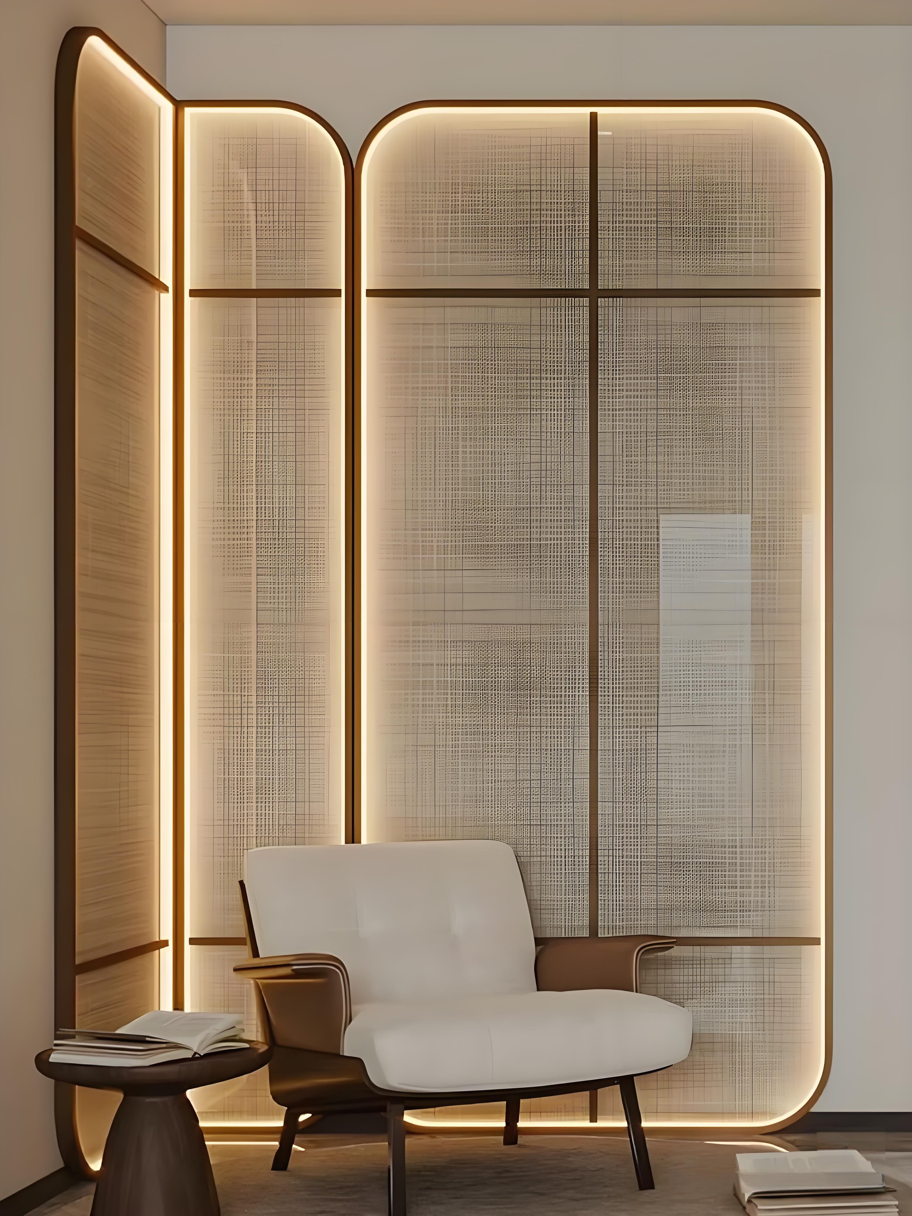 Warm bronze-toned metal mesh and glass screen partition with integrated linear lighting.
