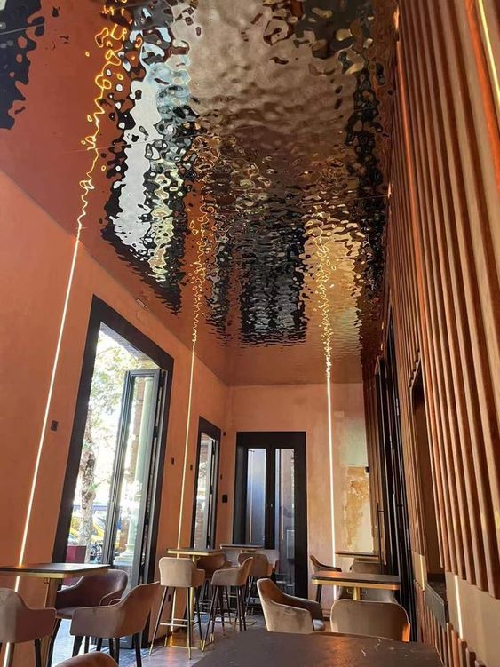 xinmaometal-bronze-water-ripple-stainless-steel-ceiling-restaurant-interior