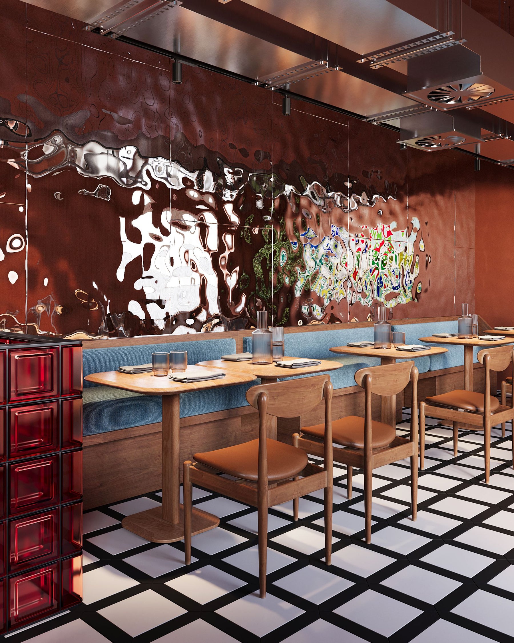 Bronze-toned water ripple stainless steel wall panels behind a restaurant dining area.