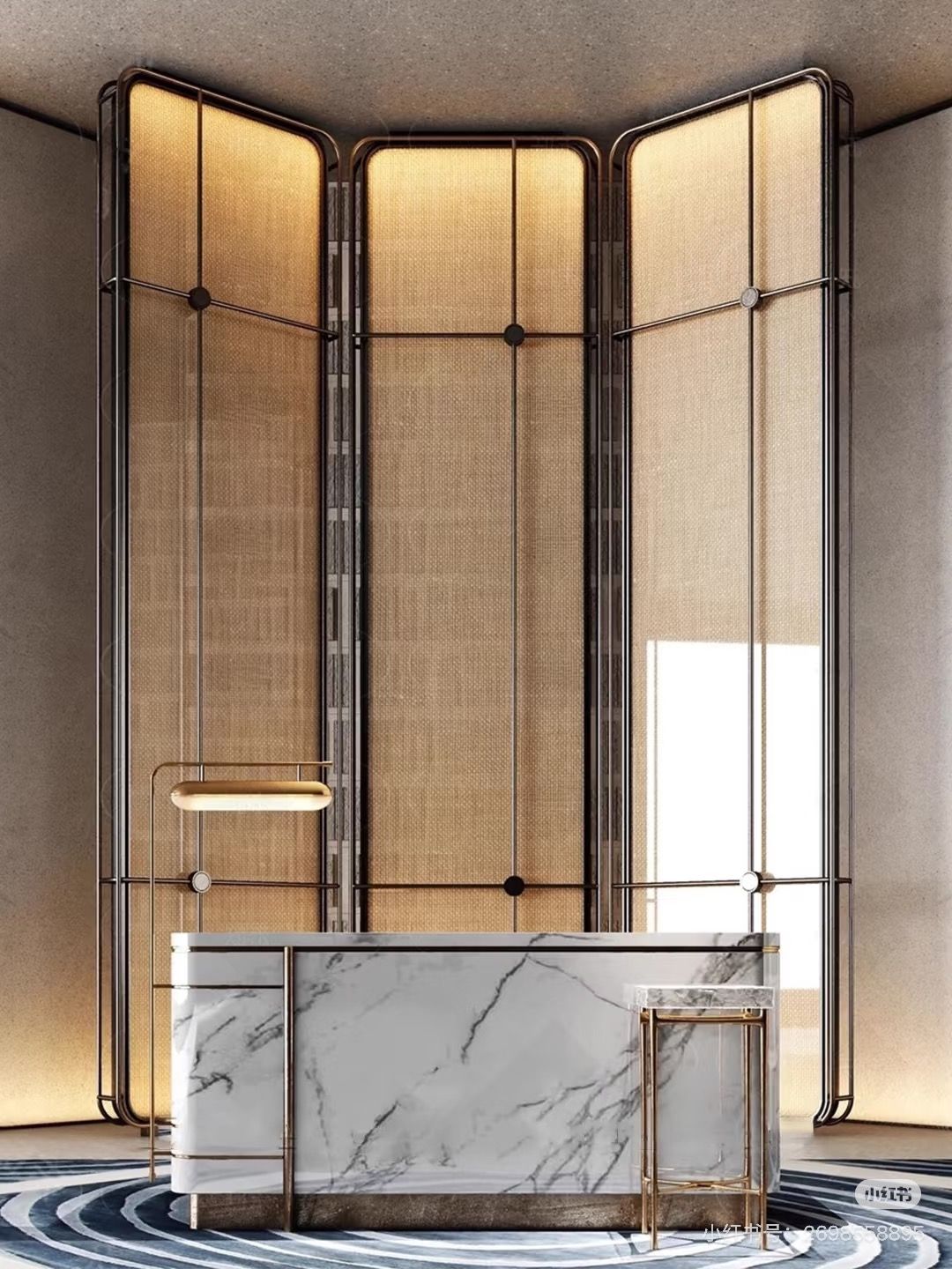 Curved framed stainless steel woven mesh room divider with a warm bronze-toned surface.