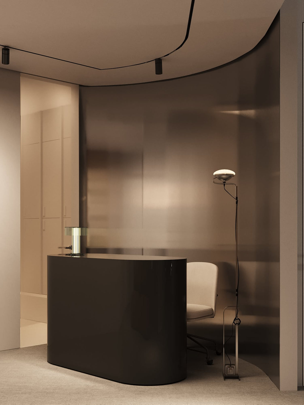 Dark bronze-toned stainless steel wall panels behind a reception counter.
